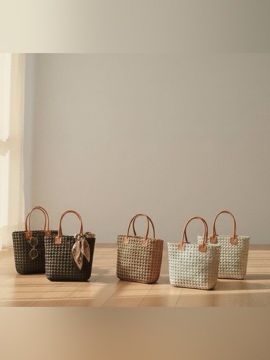 Handmade Handbags - Woven Palm Leaf Tote Bag with Leather Handles - Ivory, Tan, Black